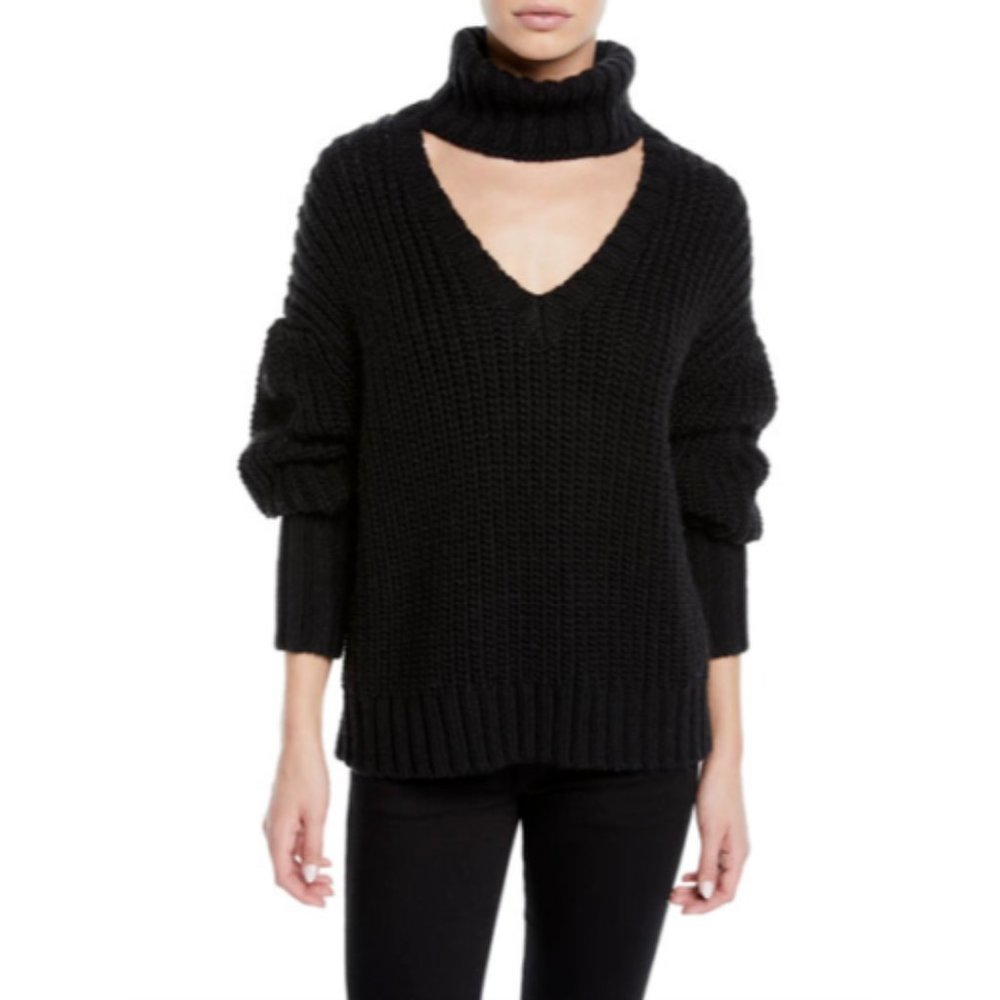Cinq a Sept Adia Cut Out Turtleneck Sweater Black Knit Wool Blend Size Small